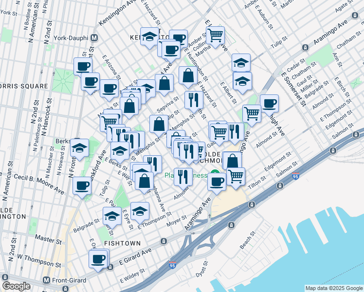map of restaurants, bars, coffee shops, grocery stores, and more near 2405 East York Street in Philadelphia