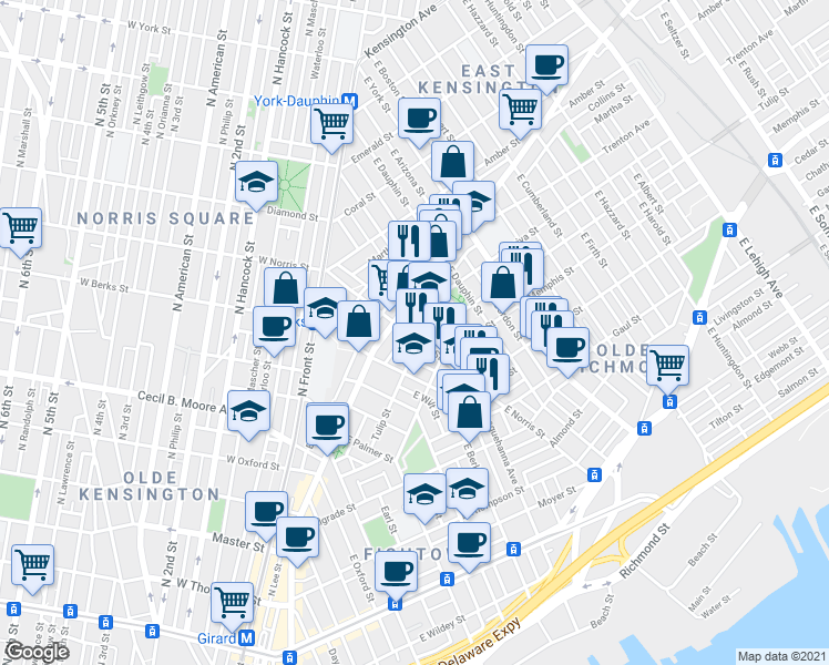 map of restaurants, bars, coffee shops, grocery stores, and more near 2205 East Norris Street in Philadelphia