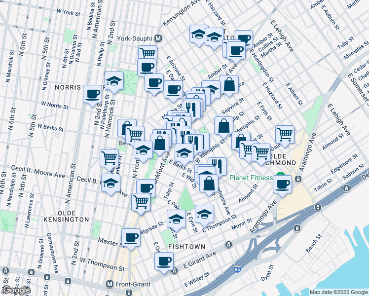 map of restaurants, bars, coffee shops, grocery stores, and more near 2205 East Norris Street in Philadelphia