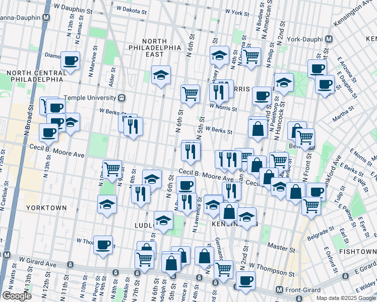 map of restaurants, bars, coffee shops, grocery stores, and more near 516 West Montgomery Avenue in Philadelphia