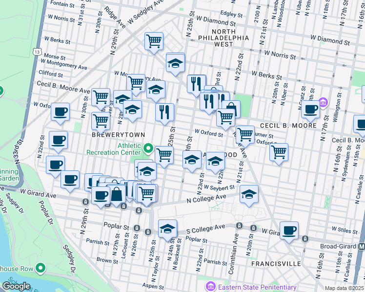 map of restaurants, bars, coffee shops, grocery stores, and more near 2414 Nassau Street in Philadelphia