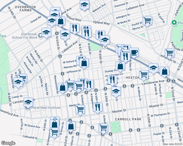 map of restaurants, bars, coffee shops, grocery stores, and more near 1742 N 60th St in Philadelphia