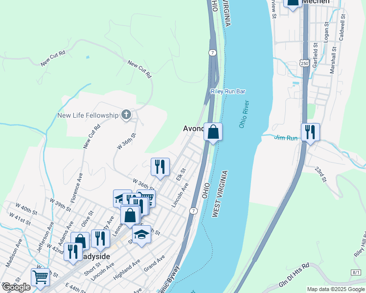 map of restaurants, bars, coffee shops, grocery stores, and more near 20 East 34th Street in Shadyside