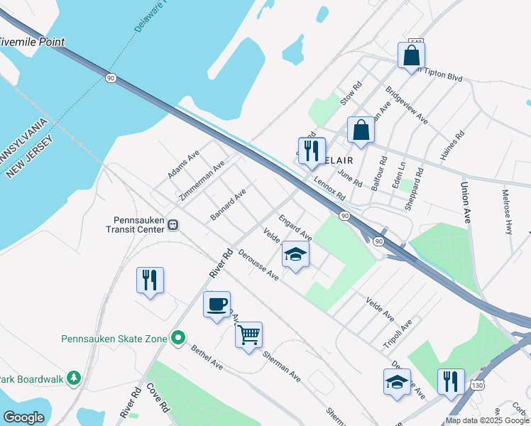 map of restaurants, bars, coffee shops, grocery stores, and more near 7521 River Road in Pennsauken Township