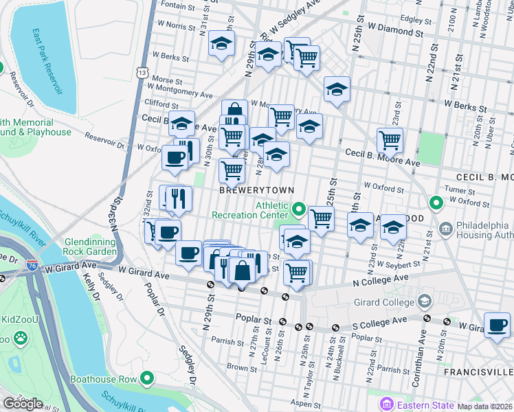 map of restaurants, bars, coffee shops, grocery stores, and more near in Philadelphia