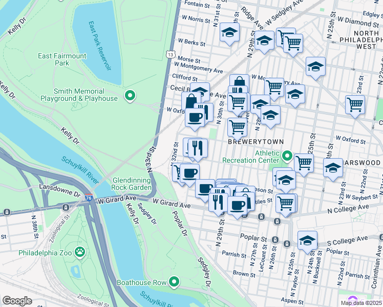 map of restaurants, bars, coffee shops, grocery stores, and more near 1410 North 31st Street in Philadelphia
