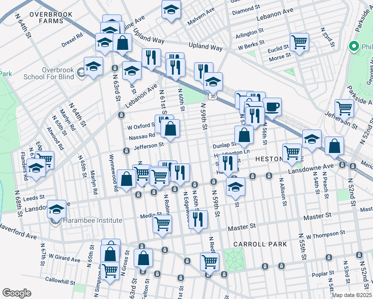 map of restaurants, bars, coffee shops, grocery stores, and more near 1742 N 60th St in Philadelphia