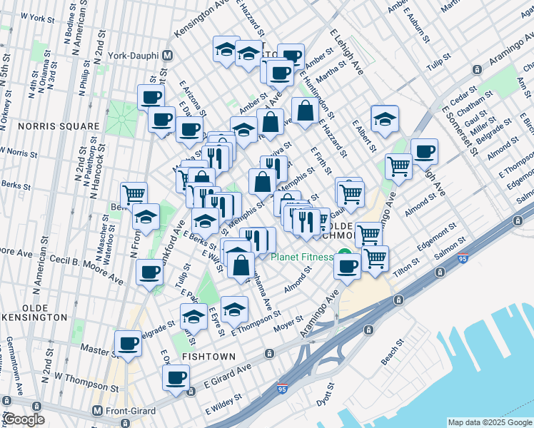 map of restaurants, bars, coffee shops, grocery stores, and more near 2342 East Gordon Street in Philadelphia