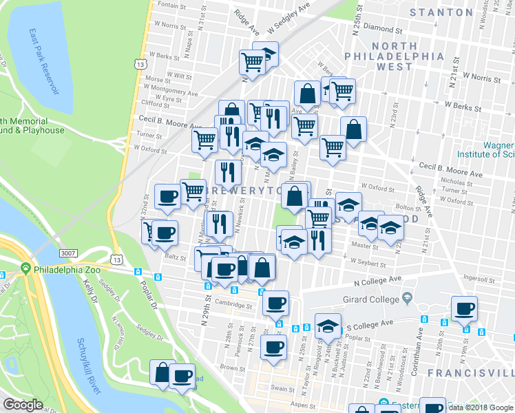 map of restaurants, bars, coffee shops, grocery stores, and more near 1448 North Marston Street in Philadelphia