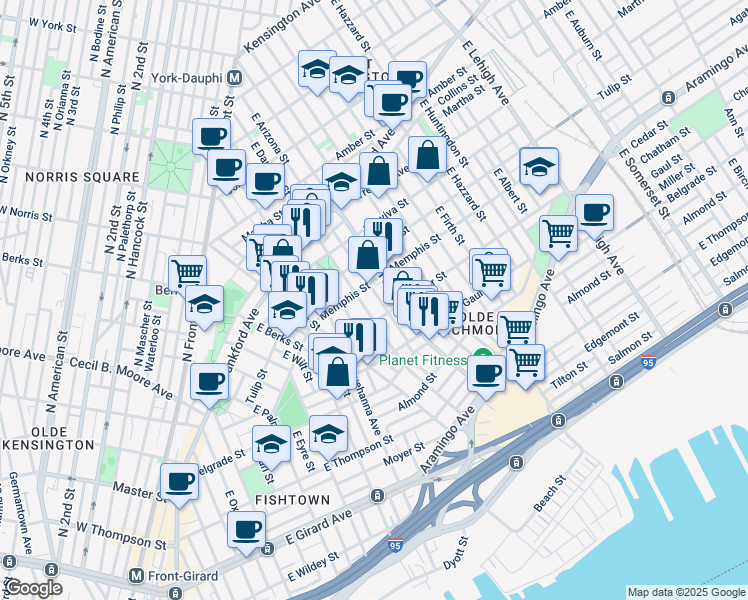 map of restaurants, bars, coffee shops, grocery stores, and more near 2342 East Gordon Street in Philadelphia