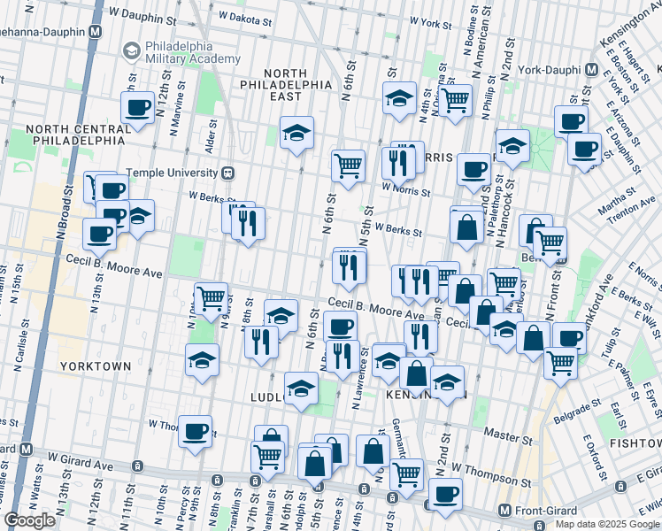 map of restaurants, bars, coffee shops, grocery stores, and more near 514 West Montgomery Avenue in Philadelphia
