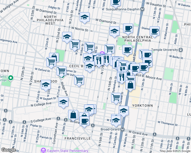 map of restaurants, bars, coffee shops, grocery stores, and more near 1602 North Bouvier Street in Philadelphia