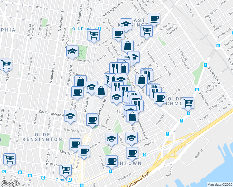 map of restaurants, bars, coffee shops, grocery stores, and more near 2203 East Norris Street in Philadelphia