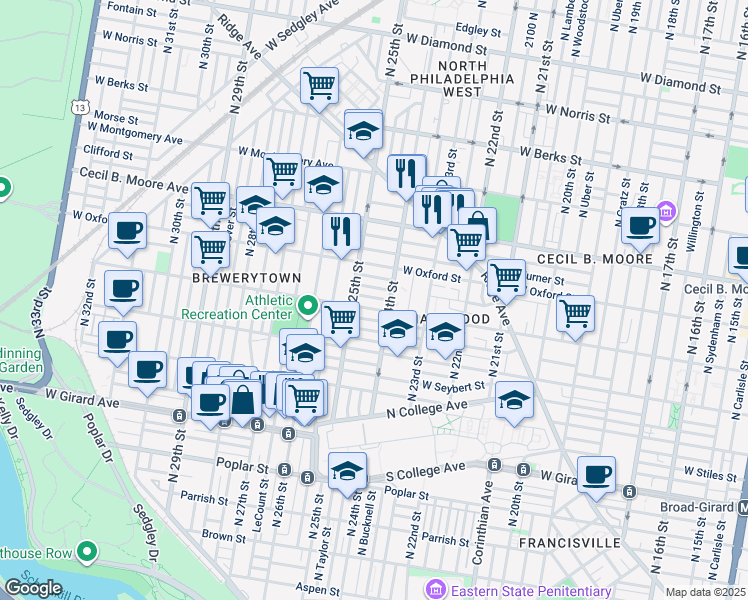 map of restaurants, bars, coffee shops, grocery stores, and more near 2420 Nassau Street in Philadelphia