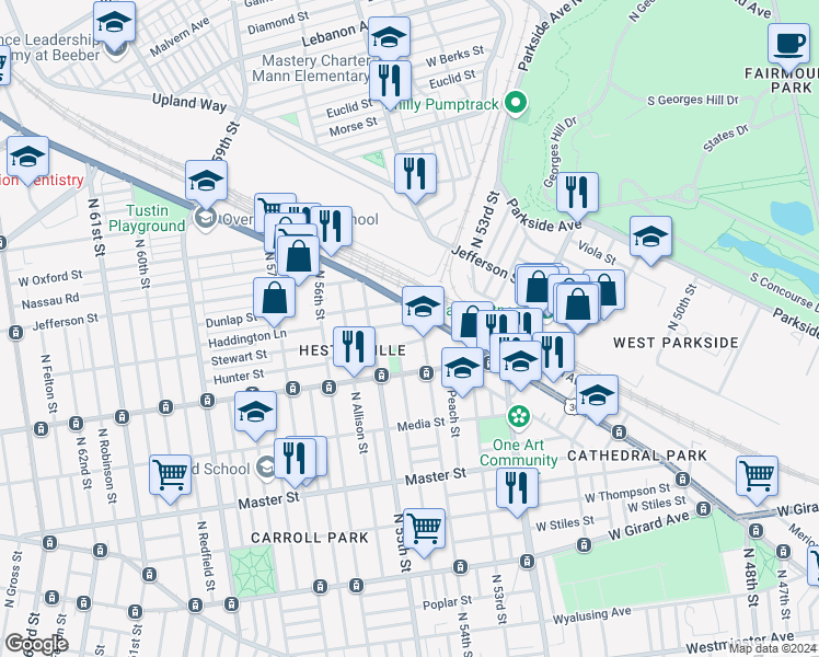 map of restaurants, bars, coffee shops, grocery stores, and more near 5414 Stewart Street in Philadelphia