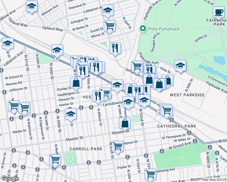 map of restaurants, bars, coffee shops, grocery stores, and more near 5414 Stewart Street in Philadelphia