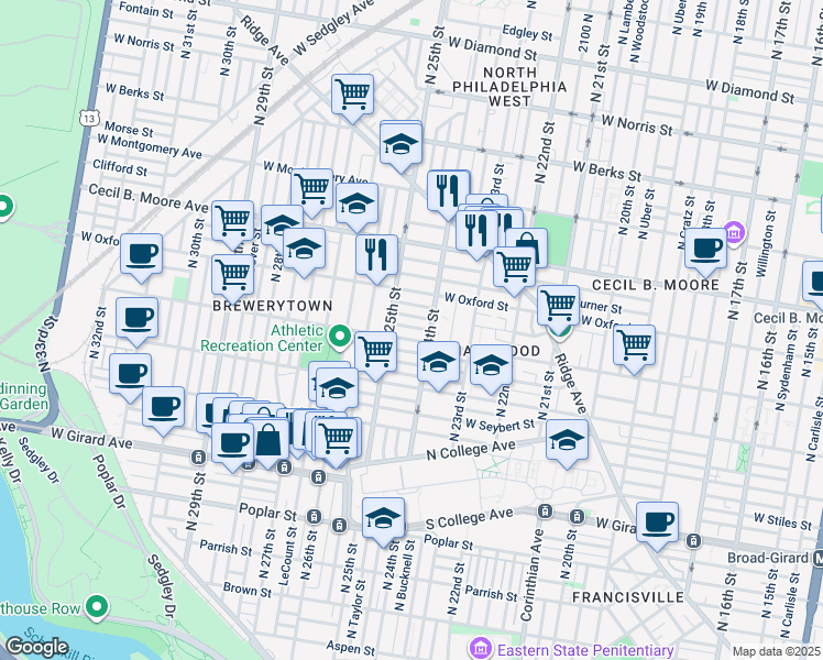 map of restaurants, bars, coffee shops, grocery stores, and more near 2422 Nassau Street in Philadelphia