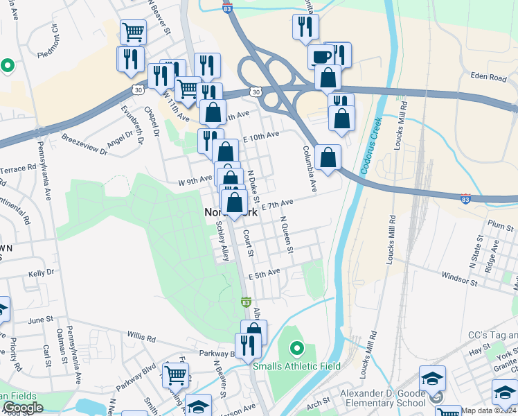 map of restaurants, bars, coffee shops, grocery stores, and more near 100 East 7th Avenue in York