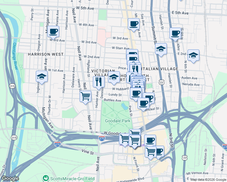 map of restaurants, bars, coffee shops, grocery stores, and more near 127 West Hubbard Avenue in Columbus