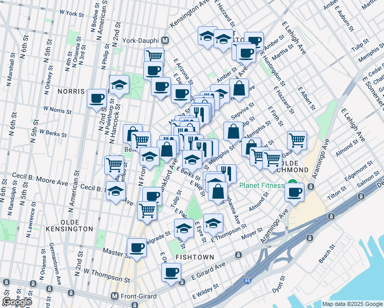 map of restaurants, bars, coffee shops, grocery stores, and more near 2203 East Norris Street in Philadelphia