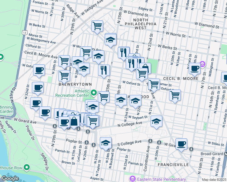 map of restaurants, bars, coffee shops, grocery stores, and more near 2422 Nassau Street in Philadelphia