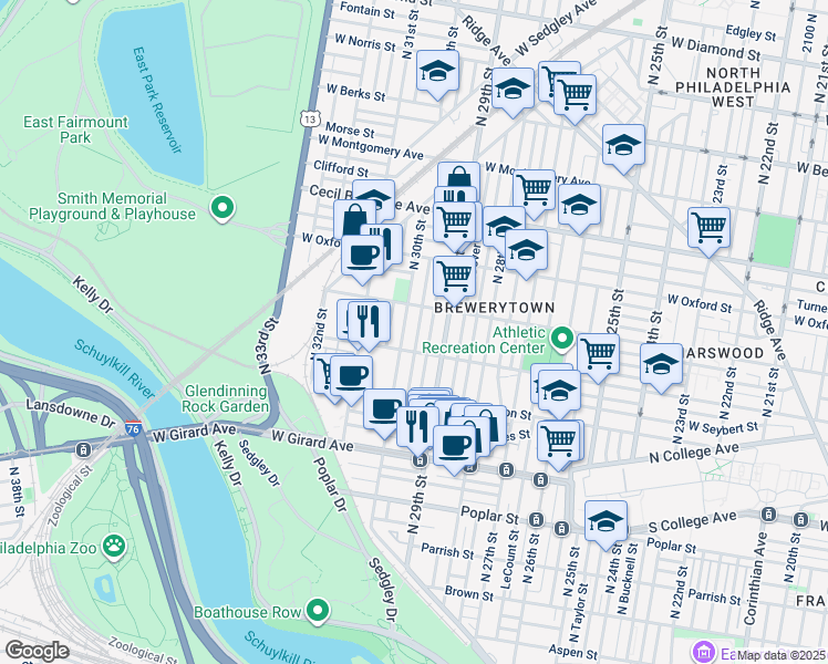 map of restaurants, bars, coffee shops, grocery stores, and more near 1426 North Myrtlewood Street in Philadelphia
