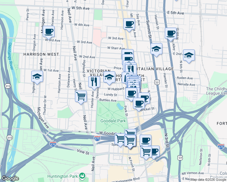 map of restaurants, bars, coffee shops, grocery stores, and more near 101 West Hubbard Avenue in Columbus