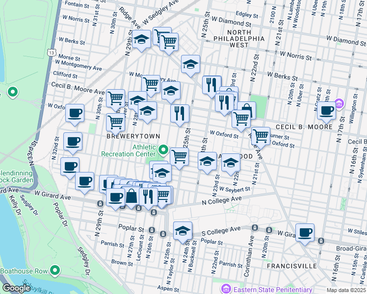 map of restaurants, bars, coffee shops, grocery stores, and more near 2501 West Jefferson Street in Philadelphia
