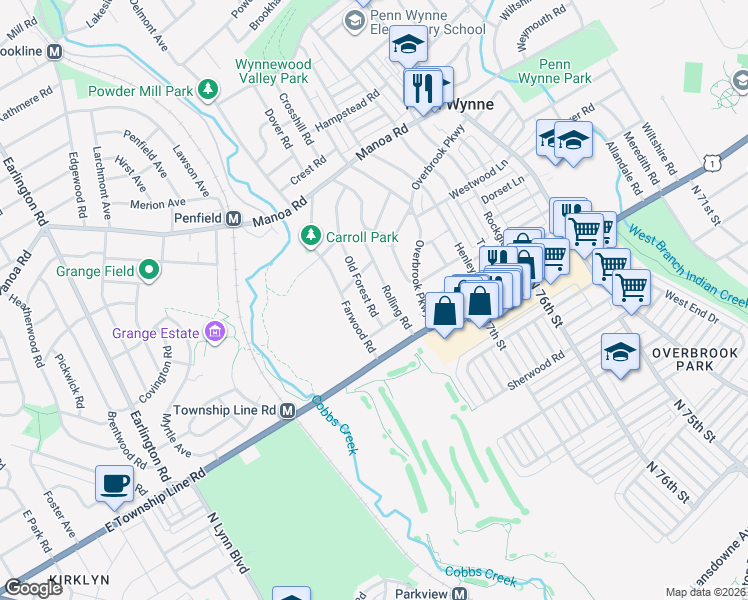 map of restaurants, bars, coffee shops, grocery stores, and more near 105 Old Forrest Road in Wynnewood