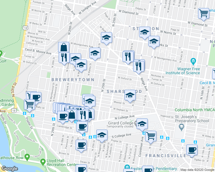 map of restaurants, bars, coffee shops, grocery stores, and more near 2432 Nassau Street in Philadelphia