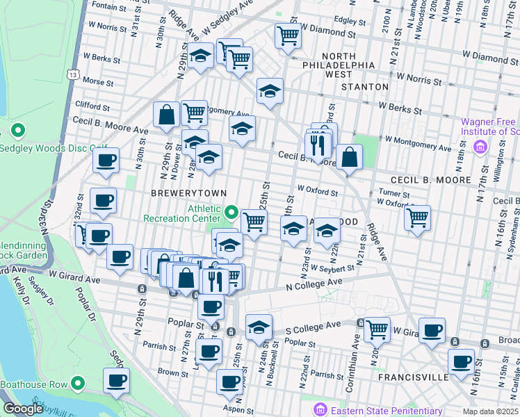 map of restaurants, bars, coffee shops, grocery stores, and more near 2501 West Jefferson Street in Philadelphia