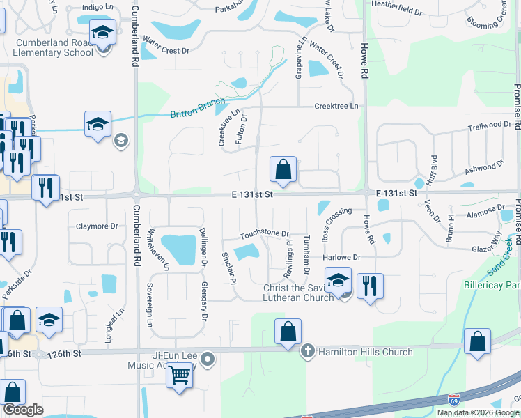 map of restaurants, bars, coffee shops, grocery stores, and more near 13065 Sweet Briar Parkway in Fishers