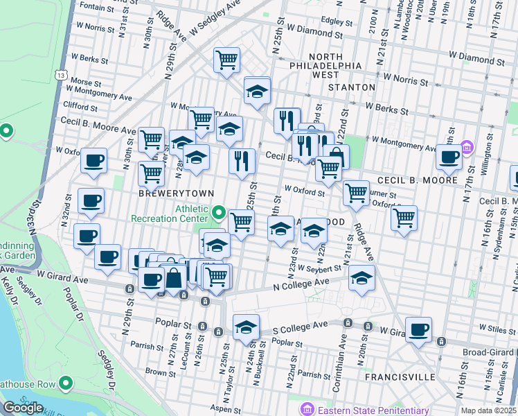 map of restaurants, bars, coffee shops, grocery stores, and more near 2434 Nassau Street in Philadelphia