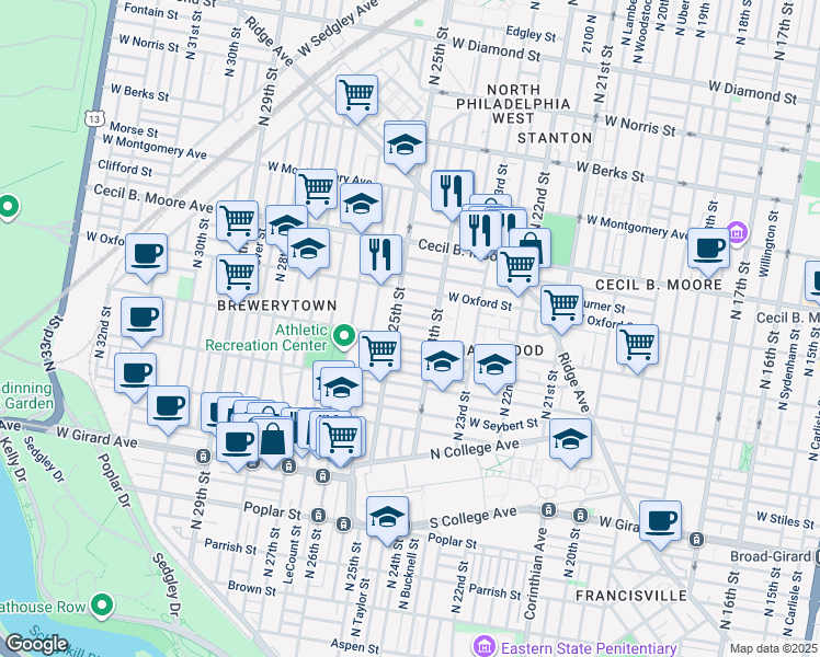 map of restaurants, bars, coffee shops, grocery stores, and more near 2430 Nassau Street in Philadelphia