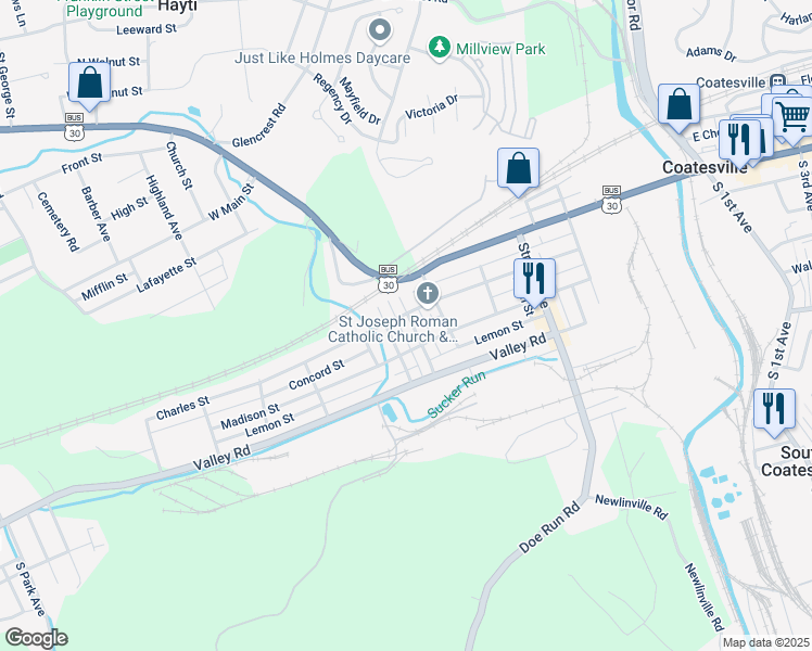 map of restaurants, bars, coffee shops, grocery stores, and more near 12 West 5th Avenue in Coatesville