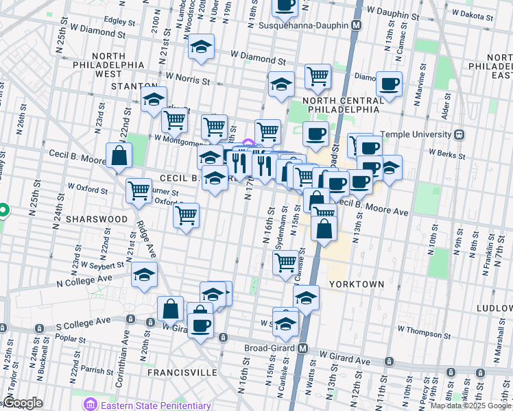 map of restaurants, bars, coffee shops, grocery stores, and more near 1610 Willington Street in Philadelphia
