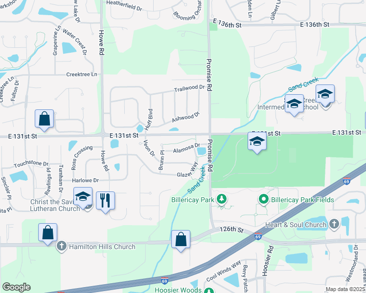 map of restaurants, bars, coffee shops, grocery stores, and more near 10942 Alamosa Drive in Fishers