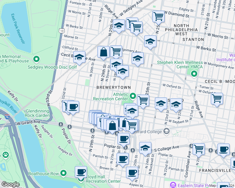 map of restaurants, bars, coffee shops, grocery stores, and more near 1453 North Marston Street in Philadelphia