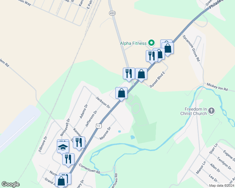 map of restaurants, bars, coffee shops, grocery stores, and more near 3386 Landmark Court in Chambersburg