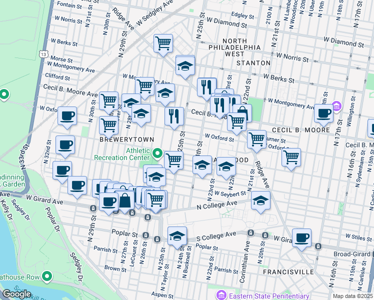 map of restaurants, bars, coffee shops, grocery stores, and more near 2432 Nassau Street in Philadelphia