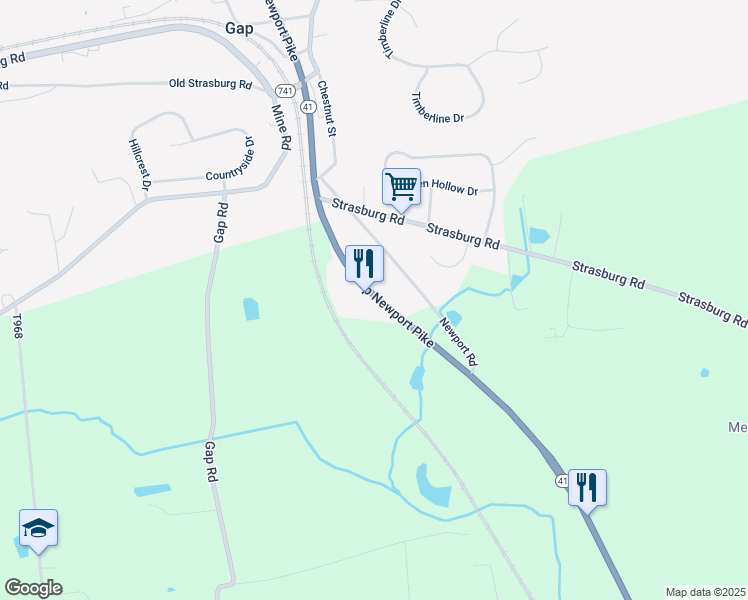 map of restaurants, bars, coffee shops, grocery stores, and more near 32 Pennsylvania 41 in Gap