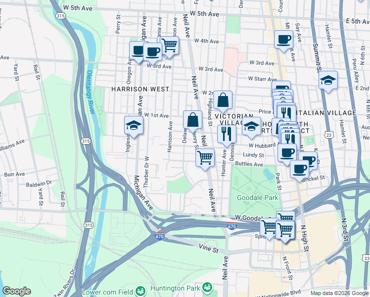map of restaurants, bars, coffee shops, grocery stores, and more near 339 West Hubbard Avenue in Columbus