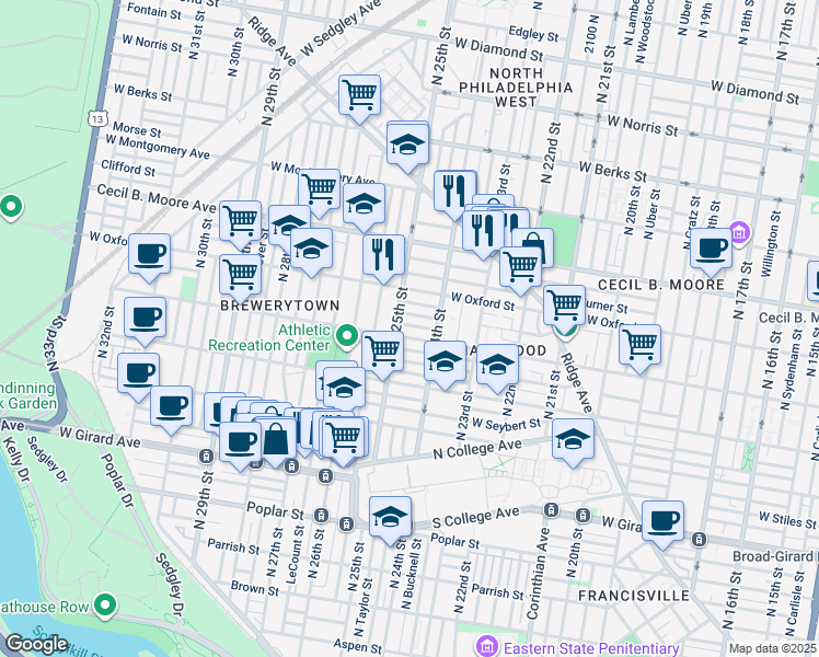 map of restaurants, bars, coffee shops, grocery stores, and more near 2436 Nassau Street in Philadelphia