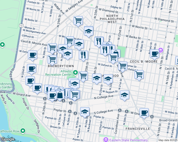 map of restaurants, bars, coffee shops, grocery stores, and more near 2436 Nassau Street in Philadelphia