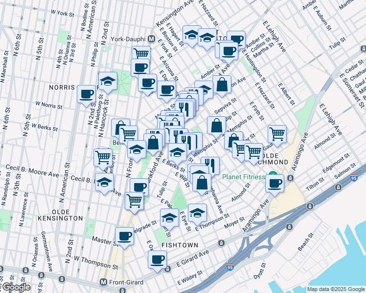 map of restaurants, bars, coffee shops, grocery stores, and more near 2012 Tulip Street in Philadelphia