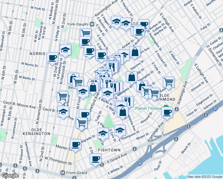 map of restaurants, bars, coffee shops, grocery stores, and more near 2014 Tulip Street in Philadelphia