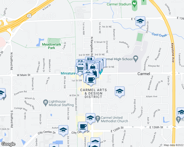 map of restaurants, bars, coffee shops, grocery stores, and more near Maple Drive in Carmel