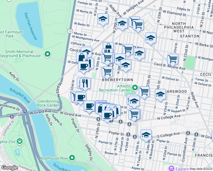 map of restaurants, bars, coffee shops, grocery stores, and more near 1435 North 29th Street in Philadelphia