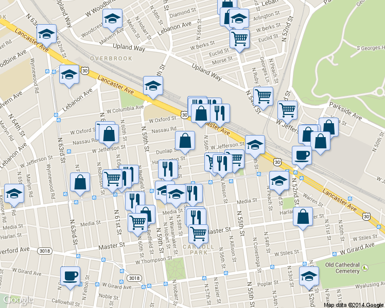 map of restaurants, bars, coffee shops, grocery stores, and more near 5643 Haddington St in Philadelphia