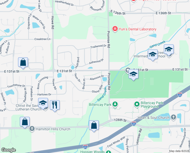 map of restaurants, bars, coffee shops, grocery stores, and more near 13026 Glazer Way in Fishers